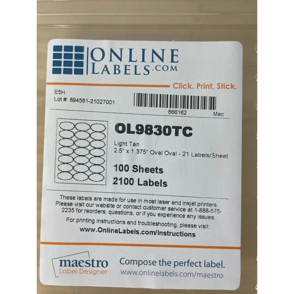 Online Labels Maestro OL1985BK OL1000BK OL9830TC Brown Kraft/Light Tan 100 Sheet